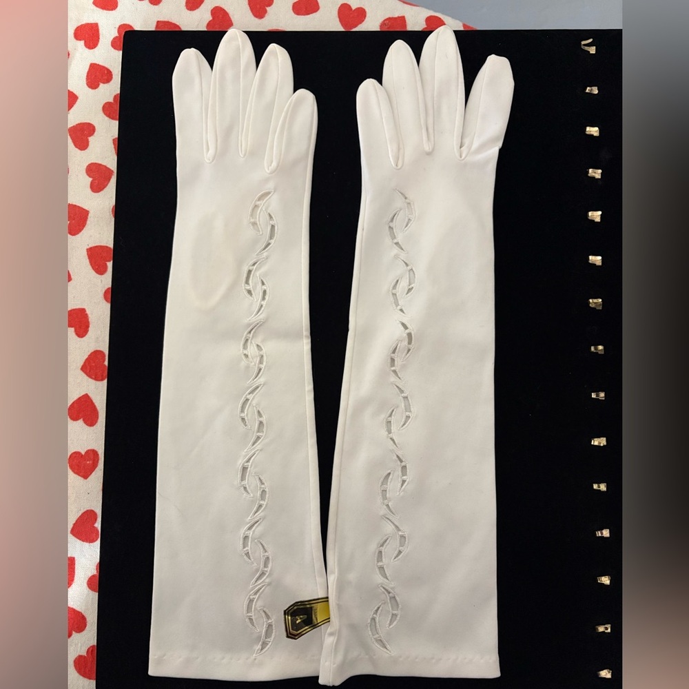 White Opera Gloves with Embroidered cut out Detail wedding prom Guilded Age